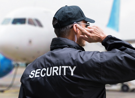 Security officer on the ramp beside a parked aircraft